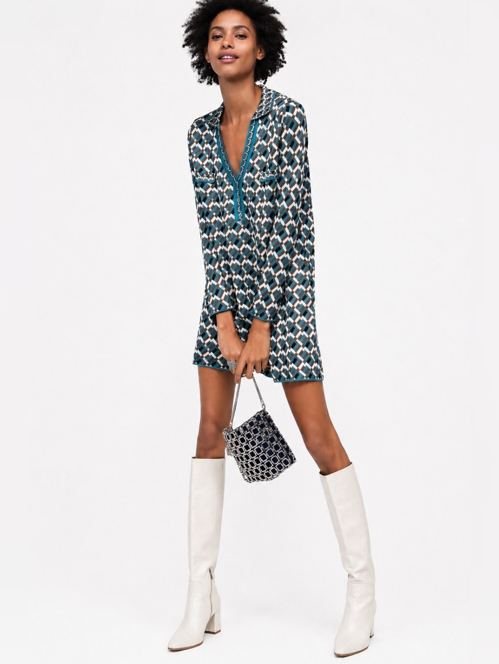 Zara Knit Retro Geometric Mini Dress Tunic Y2K Mod Long Sleeve Medium